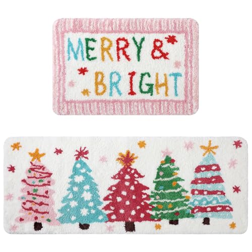 Pink Christmas Tree Bathroom Mat Set - 2 Piece Holiday Rug Decor - Christmas Tree Variation