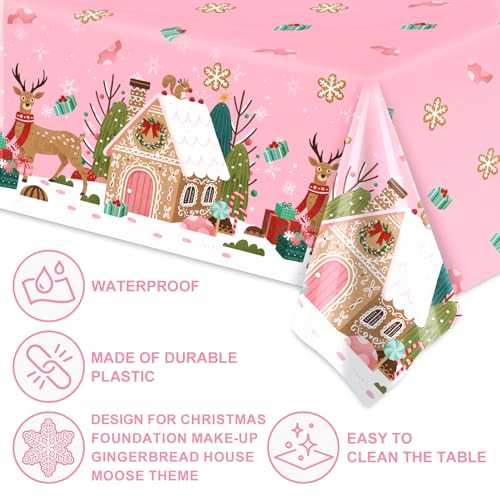 3 Pack Pink Christmas Plastic Tablecloths with Gingerbread Reindeer 54x108 Inch