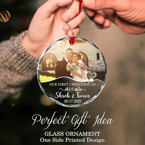 Personalized First Christmas Married Glass Photo Ornament 2026