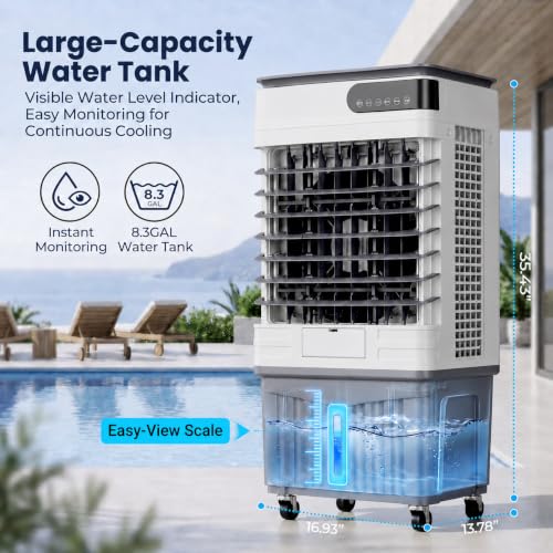 Portable Evaporative Air Cooler 2800 CFM Swamp Cooler with 8.3 Gal Tank