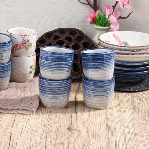 Japanese Porcelain Sake Cup Set of 4 - Blue & White Striped Tasting Cups, Traditional Ceramic Drinkware