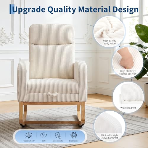 Corduroy Nursery Rocking Chair with Adjustable Footrest and Side Pocket