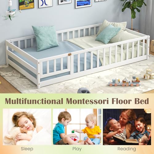 Twin Wooden Montessori Floor Bed Frame with Safety Guardrails & Door