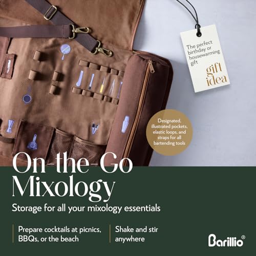 Barillio Brown Silver Waxed Canvas Travel Bartender Kit with 17-Pc Cocktail Set