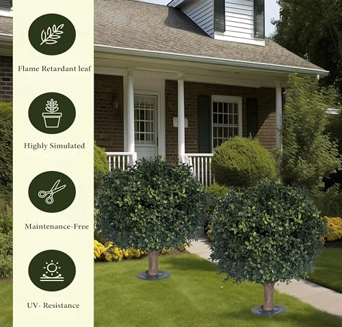 27-Inch Artificial Boxwood Ball Bush with Spike, UV-Resistant 2-Pack