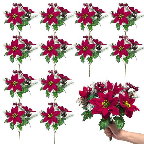 Deep Red Artificial Poinsettia Flowers Christmas Decoration 12 Pack - Velvet Faux Bouquets for Holiday & Indoor Decor
