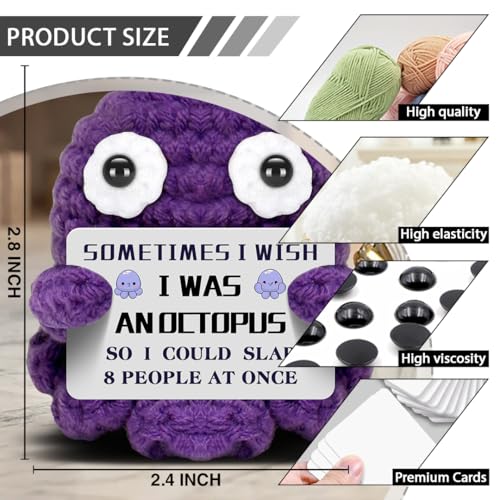 Mini Crochet Octopus Desk Decor with Motivational Card, Purple Gift