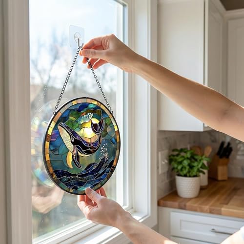 SJUYODOO Blue and Purple Stained Glass Window Hanging, Whale & Sea Waves Sun Catcher, 11.8in