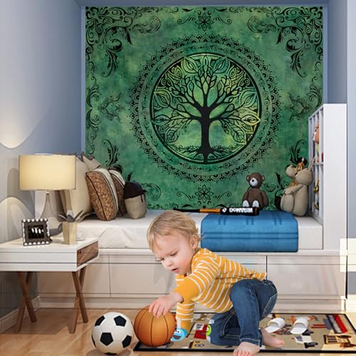 Tree of Life Wall Tapestry - Green Boho Mandala Hanging Decor (51" x 60")