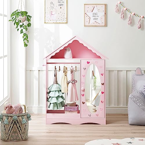 Kids Dollhouse Dress Up Wardrobe with Mirror and Storage Closet
