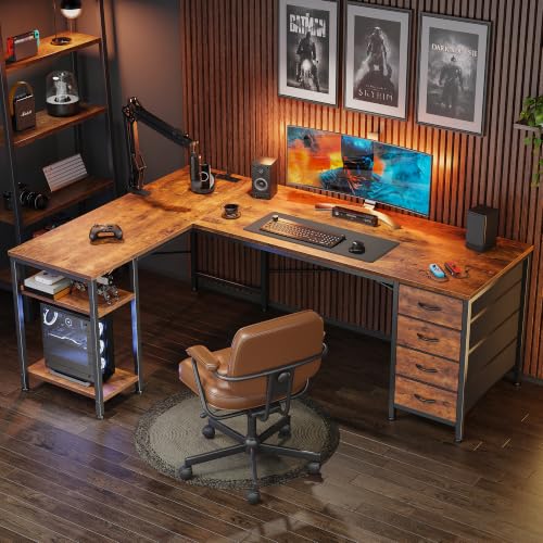 55-Inch L-Shaped Computer Desk with Drawers, Power Outlets and USB-C Port