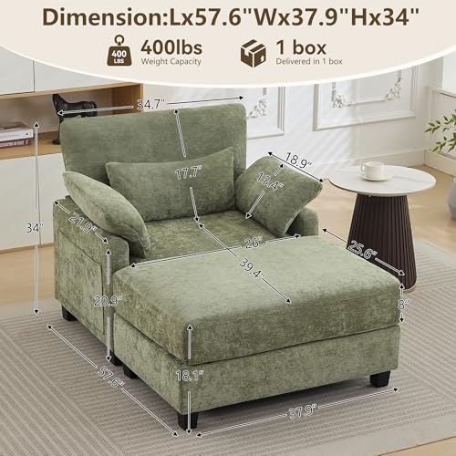 Oversized Chenille Chaise Lounge with Ottoman, Sleeper Chair for Living Room