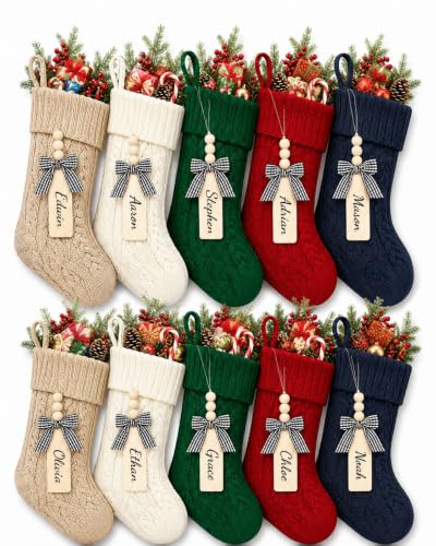 Houscly 18 Inch Christmas Stockings Set of 10 - Red, White, Green, Khaki, Navy with Wooden Name Tags