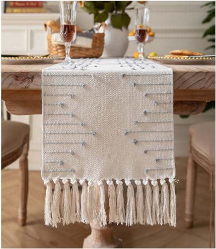 Grey Beige Cotton Linen Rustic Boho Table Runner 13x48 Inch with Tassels - Natural Home Decor