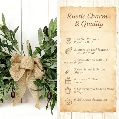 26-Inch Artificial Olive Leaf Swag with Burlap Bow for Farmhouse Decor
