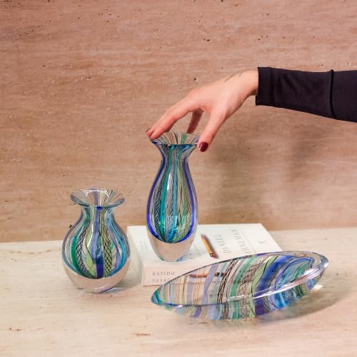 Cá d'Oro Murano Style Blue Hand Blown Glass Vase - Boho Decor Accent