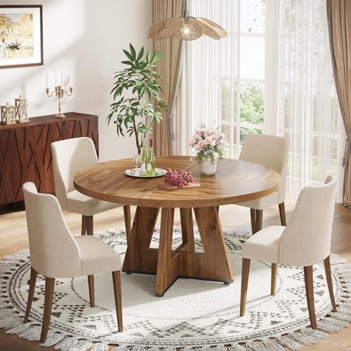 47-Inch Round Farmhouse Dining Table, Rustic Wood Dinner Table for 4