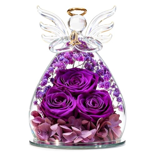 Preserved Real Rose Glass Angel Figurine with LED Lights - Gift for Mom