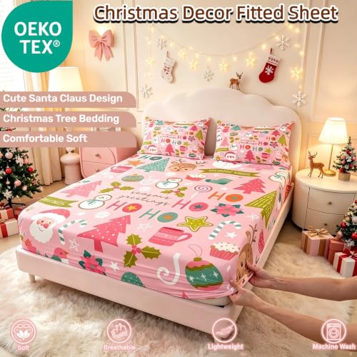 Erosebridal Full Christmas Fitted Sheet Set with 2 Pillowcases – Cartoon Santa Snowman Pine Tree Bedding