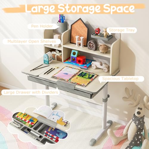 Height Adjustable Kids Study Desk with Tilt Desktop and Storage Drawer