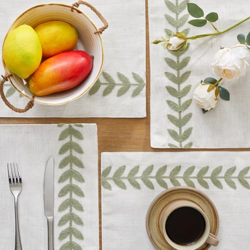 Wracra Embroidered Place Mats Set of 6 - Light Sage Green & Cream, 13x18 Inch