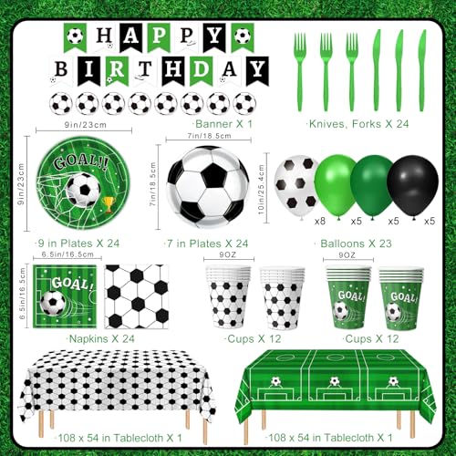 QIYANPAX Soccer Party Decorations Set - Includes Plates, Balloons, Banner, Tablecloth, Utensils for Soccer Theme Birthday Party