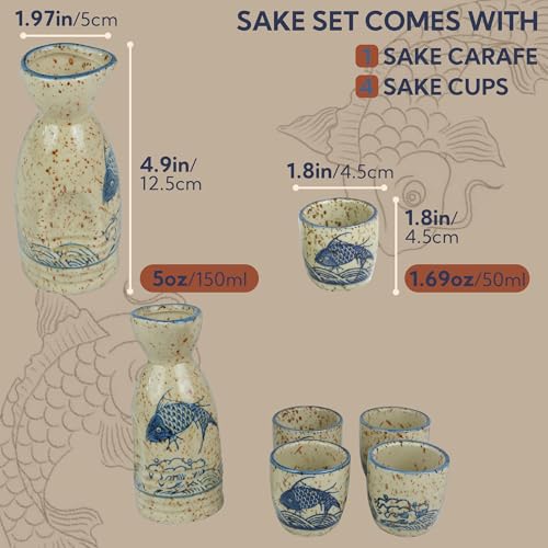 Cream-Fish Ceramic Sake Set 5pcs - Japanese Saki Carafe & Cups - PUNNIO