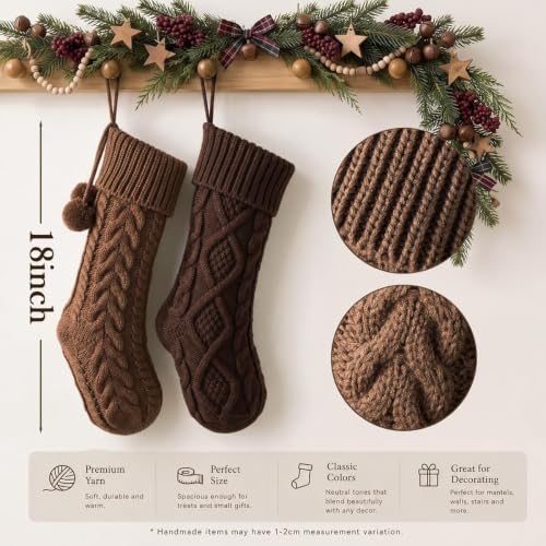 18 Inch Christmas Stockings Set of 6 - Neutral Earth Tone Cable Knit; White Brown Beige