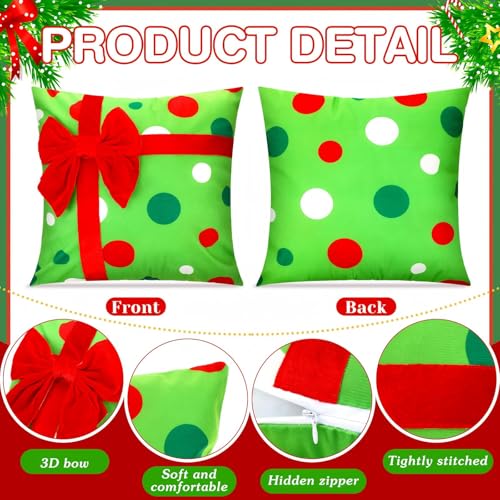 Breling 4 Pack Christmas Pillow Covers 20x20 Inch Red Green Stripe Dot Gift Box Design with 3D Bows