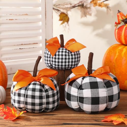 3-Piece Fabric Pumpkin Decor Set - Buffalo Plaid Farmhouse Fall Centerpiece
