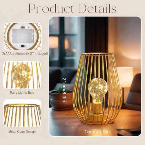 TRIROCKS Gold Metal Cordless Table Lamp Set of 2 - Cage-Shaped Battery Operated Fairy Lights for Indoor & Outdoor Decor