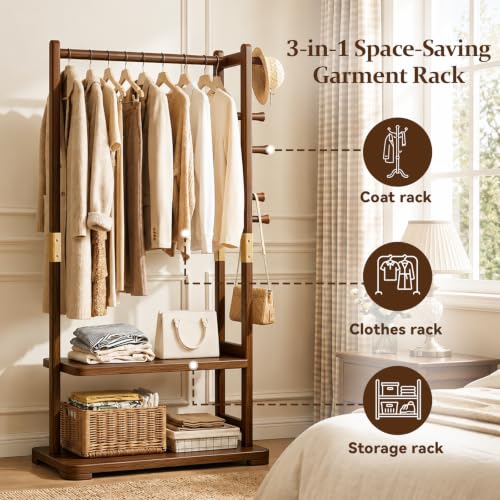 Solid Wood Freestanding Coat Rack with Shelves and 5 Hooks