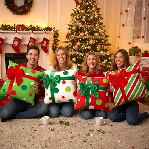 Breling 4 Pack Christmas Pillow Covers 20x20 Inch Red Green Stripe Dot Gift Box Design with 3D Bows