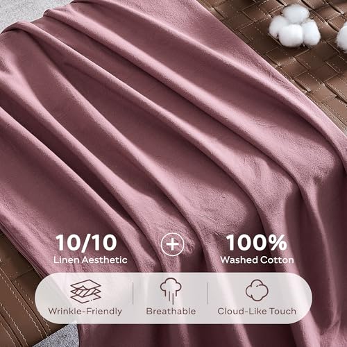 100% Washed Cotton Queen Duvet Cover Set - 3 Piece Linen-Like Bedding