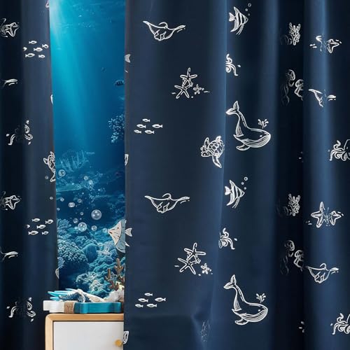 Ocean Print Blackout Curtains for Kids Bedroom, 52x63 Inch Navy, 2 Panels