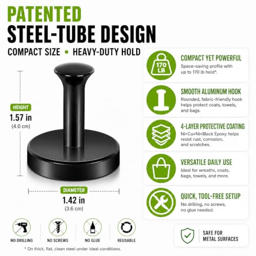 Extra Heavy Duty Magnetic Hooks 170 lbs - Black Cruise Hooks (6-Pack)