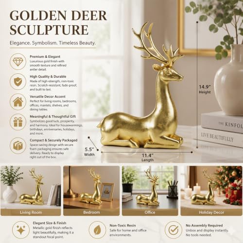 Ferrisland Gold Sitting Reindeer Figurine 14.96in Resin Christmas Decor