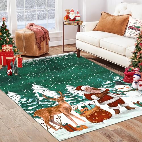 GarveeHome 4' x 6' Christmas Area Rug - Green, Santa Claus, Non-Slip Backing