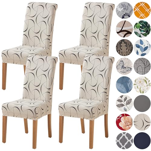 Beige Stretch Spandex Chair Covers Set of 4 for Dining Room