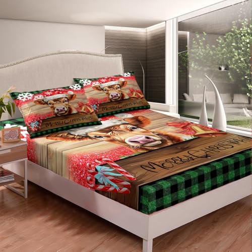 Manfei Christmas Cattle Queen Bedding Set with Flat Sheet & Pillowcases, 60x80 Deep Pocket Fitted, Brown-Red-Green