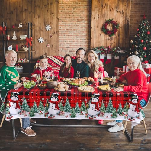 Christmas Tablecloth 60x84 Inch Red Black Buffalo Plaid Snowman Holiday Decor