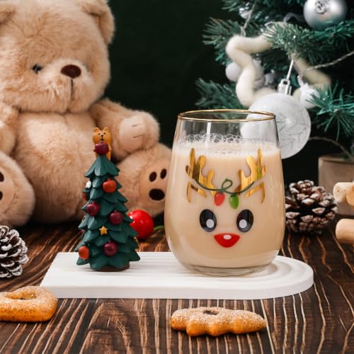 Whaline 4 Pack Christmas Reindeer Stemless Wine Glasses 17oz with Gold Rim for Holiday Parties