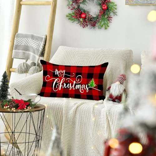 Jbralid Christmas Pillow Cover 12x20 Inch Red Black Buffalo Plaid Farmhouse Decor, Pack of 1, Merry Christmas