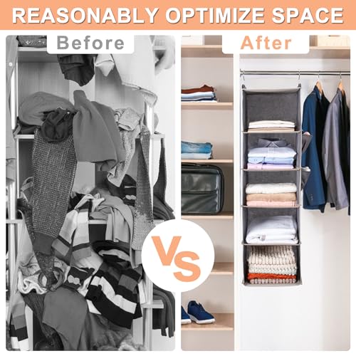 5-Tier Hanging Closet Organizer with Side Pockets Grey