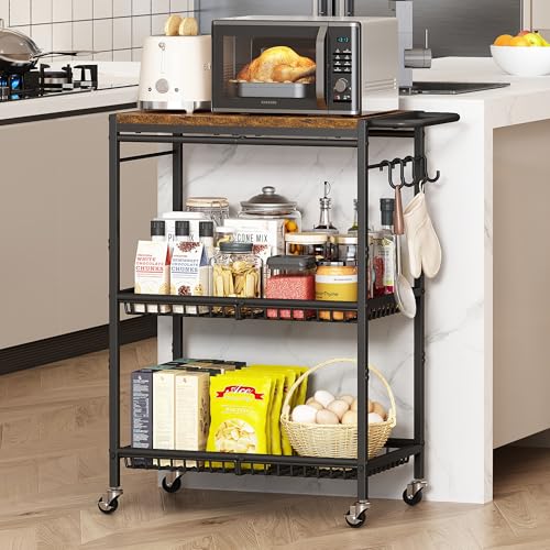 Rolling Kitchen Microwave Cart with Adjustable Shelf and Storage Hooks