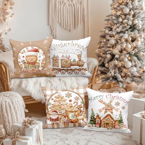 Lanpn Christmas Throw Pillow Covers 20x20 Set of 4, Gingerbread Man