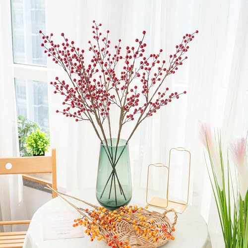 Emivery 6 Pcs Red Berry Stems - Artificial Burgundy Christmas Branches for Centerpieces