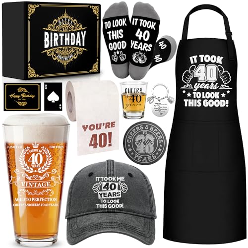 40th Birthday Gift Set for Men: Beer Glass, Shot Glass, Apron, and Accessories