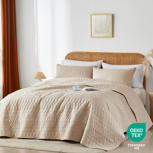 Lightweight Microfiber Quilt Bedding Set - Beige Full/Queen Coverlet 3-Piece