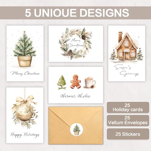 25 Pack Christmas Greeting Cards with Envelopes & Stickers - Holiday Watercolor Designs